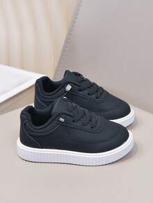 Boys & Girls Classic Versatile PU White Sneakers, Infant Walking Shoes, Suitable For All Seasons - Black - View 5
