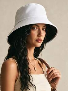 1pc Minimalist Solid Color Bucket Hat, Suitable For Outdoor, Home, Fashion Matching, All-Season Wear, UV Protection, Sunshade, Gift - White - View 3
