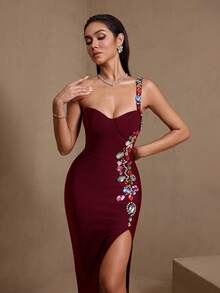 Elegant Sexy Rhinestone Decorated High Slit Evening Dress For Party, Date, Formal Dinner - Burgundy - View 6