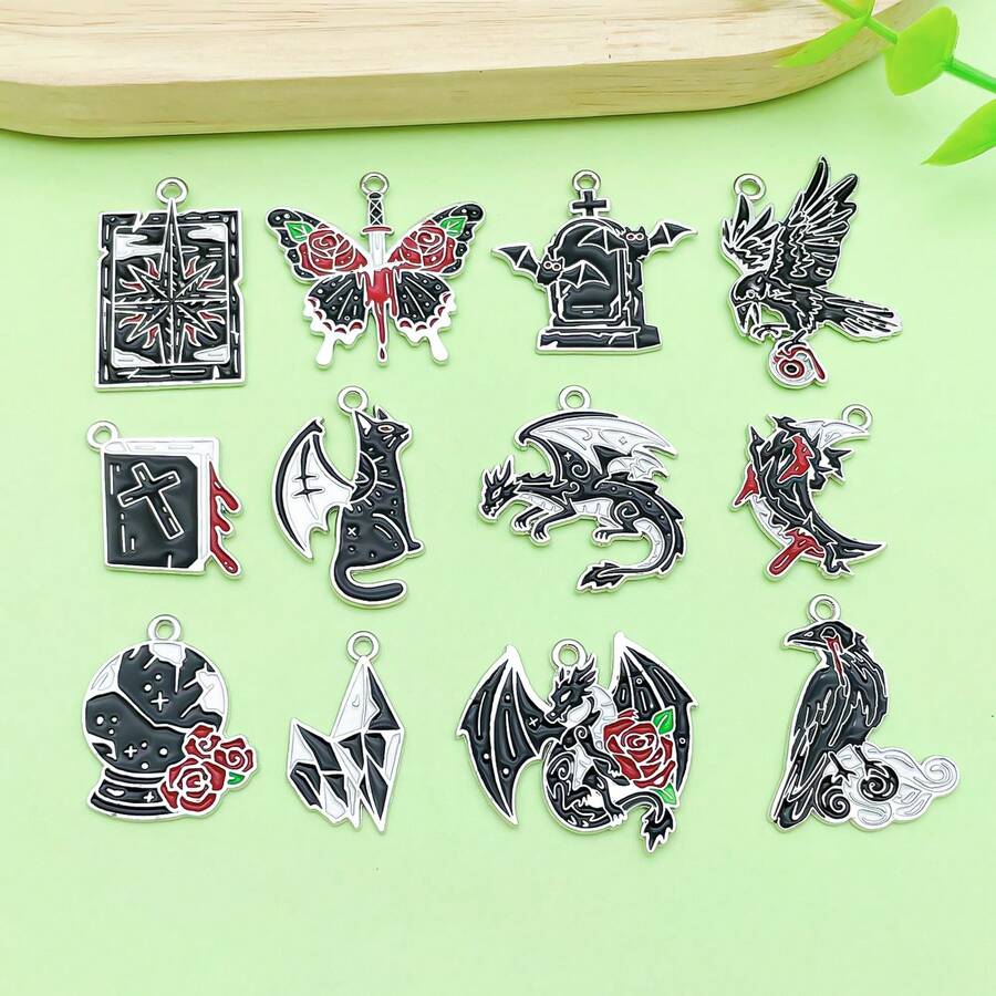 5/12 piezas Dijes de esmalte gótico Dragón Cuervo Murciélago Gato Polilla Rosa Lápida Colgantes para DIY Halloween Pulsera Collar Pendiente Suministros para hacer joyas - Negro - Ver 1