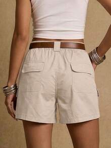 Solid Color Casual Cargo Shorts Summer (Belt Not Included) - Apricot - View 3