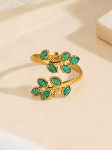 1pc Stainless Steel European & American Vintage Oil Drop Red/Green/Blue Leaf Open Ring, Suitable For Women's Daily Wear Or As A Gift - Multicolor - View 6