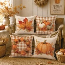 4pcs Minimalist Autumn Plaid Maple Leaf Pumpkin Berry Cushion Covers, Single-Sided Printed Peach Skin Velvet Polyester Material, 45*45/50*50CM Pillow Covers Suitable For Room Decor, Modern Minimalist Sofa Living Room Decoration, Gift Giving, Party Decoration - Multicolor - View 5