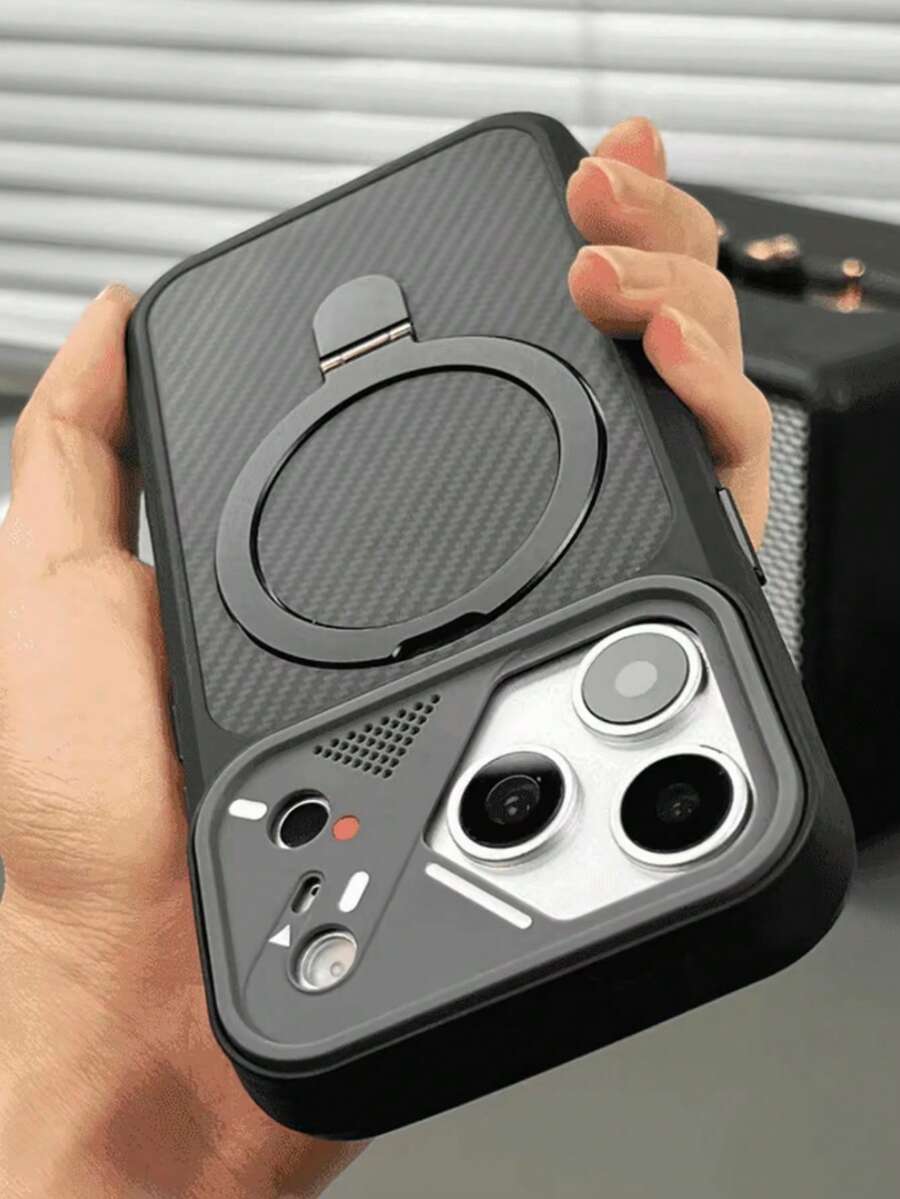 1 pieza Funda de teléfono de silicona con soporte magnético de anillo de fibra de carbono premium compatible con iPhone 17 Pro Max Air 16 15 14 13 12 Pro Max Plus, cubierta suave