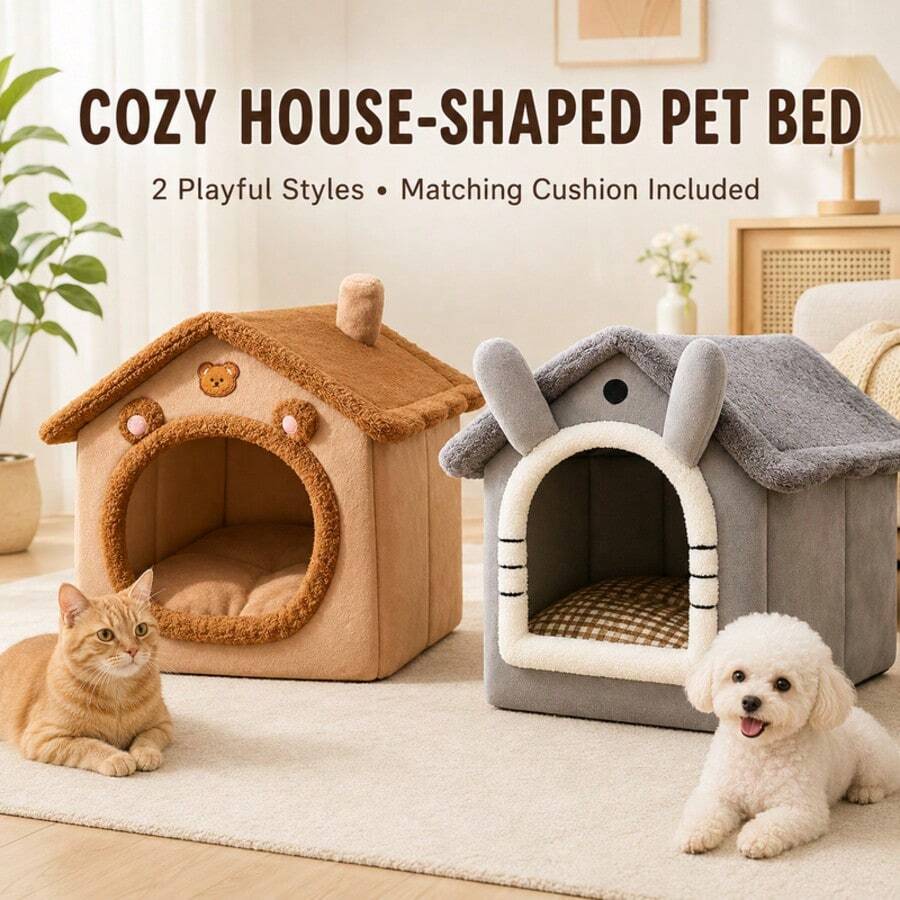 Cute House-Shaped Cat Bed With Matching Cushion, Indoor Plush Pet Cave Bed For Cats And Small Dogs, Brown Bear/Grey, S/M/L - Multicolor - View 1