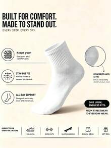 1/10 Pairs Women's Black & White Solid Color Short Socks, Soft Breathable Sweat-Absorbent Casual Socks, Couple Style, Suitable For Daily Wear, Home, Back To School, All Seasons - White - View 2