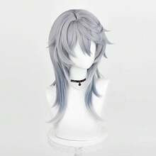 Ombre Grey Blue Synthetic Men Medium Long Wigs With Bangs Anime Game Cosplay Fluffy Wig For Daily Party, Halloween - Dusty Blue - View 4