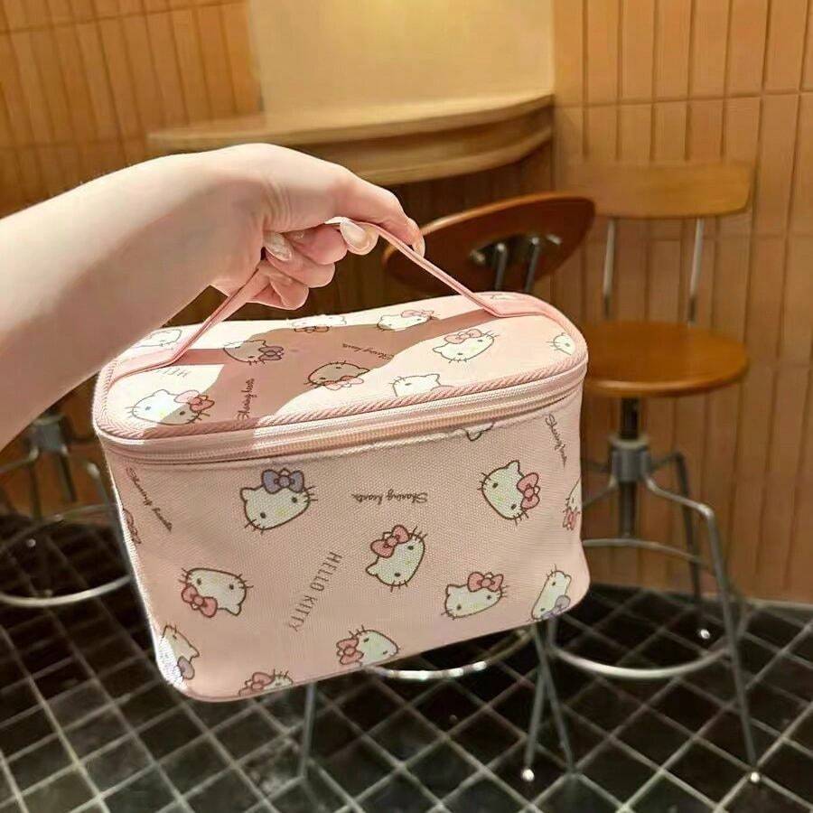 SANRIO Cute Pink Cartoon Print Handheld Storage Bag, 1/2 Packs, Large Capacity Canvas Zipper Cosmetic Bag, Portable Wash Bag For Travel, Vacation, Bathroom & Daily Storage