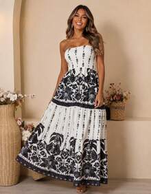 July Strapless Tropical Dress In Various Prints, 2025 Collection - T. Black White - View 5