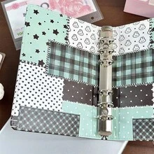 Binder A6 6 Lubang Motif Kotak-kotak Kelinci dan Bintang, Tempat Kartu Foto dengan 60 Halaman Dalam Kosong, Amplop Uang Tunai, Jurnal, Perencana, Buku Penyimpanan Kartu untuk Siswa, Buku Tempel Harian - A - View 7