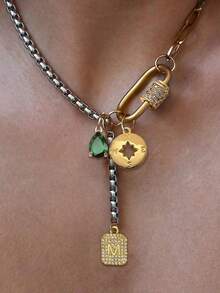 1PC Gold Oval A-Z Letter Necklace With Compass And Green Diamond Pendant Chain, Unique Luxury Style, Suitable For Women's Daily Work Decoration - 彩色 - 查看 1