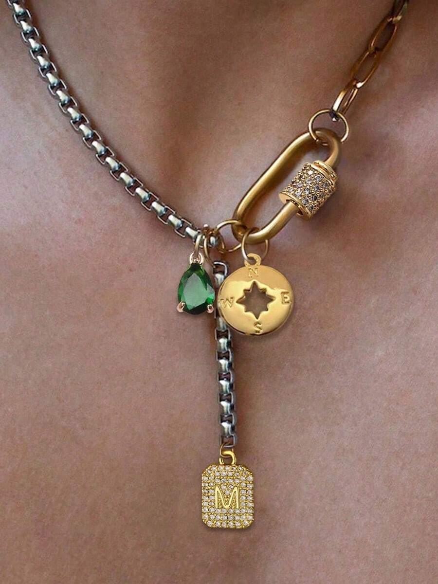 1PC Gold Oval A-Z Letter Necklace With Compass And Green Diamond Pendant Chain, Unique Luxury Style, Suitable For Women's Daily Work Decoration - 彩色 - 查看 1