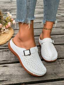 New Women's Thick Sole Platform Wedge Sandals With Buckle Hollow Design Solid Color Beach - White - View 5