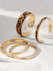 1 Set Hot Girl Style Sweet & Cool Leopard Print Bracelet, Paired With Smooth Layered Bracelet Set, Suitable For Street Fashion And Niche Outfits - Gold - View 4