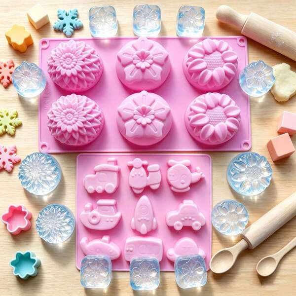 2 piezas de moldes de silicona para cubitos de hielo de verano, forma de flor & vehículo de transporte, moldes antiadherentes para hacer hielo, jabón hecho a mano, fundición de resina, manualidades DIY para niños