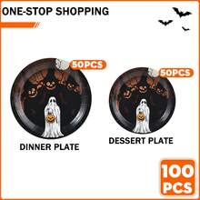 20/30/50-Piece Set Of 7/9 Inch Halloween Disposable Paper Plates, Moon Night Ghost Pumpkin Forest Print, Haunted Tree Bat Design, Vintage Halloween Party Tableware, Party Decor, Dinner Table, Home Gathering - Multicolor - View 8
