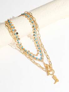 4PCS American Vintage Western Cowboy Hat Faux Turquoise Beaded Necklace Round Bead Sequin Chain Pendant Layered Necklace Set For Women - Gold - View 3