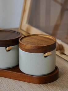 Haus Hana 1pc/2pcs/3pcs Japanese Rustic Ceramic Seasoning Jars With Wooden Lids And Tray, Kitchen Salt Sugar Spice Storage Containers - Clay - View 3