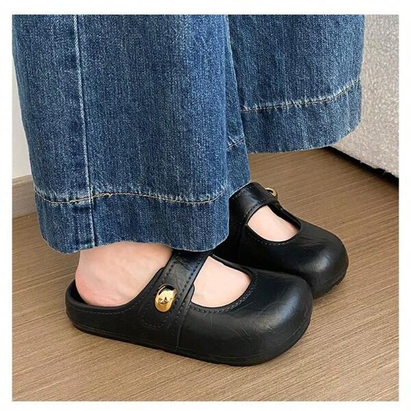 Mules Mary Jane de mujer con botón metálico y punta cerrada, zuecos tipo slip-on de plataforma EVA con textura de cuero sintético, chanclas casuales impermeables antideslizantes para uso diario y playa