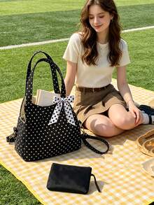 Vintage Star Print Tote Bag Set With Polka Dot Bow, Large Capacity Women Shoulder Handbag With Matching Small Pouch, Multi-Purpose Bag For School Work - Multicolor - View 6