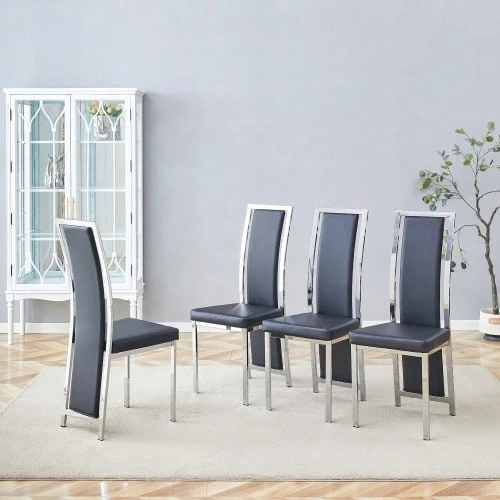 [Set Of 4] European Minimalist Dining Chairs With Silver Trim. Black PU Leather + Silver Metallic Frame - Black - View 1