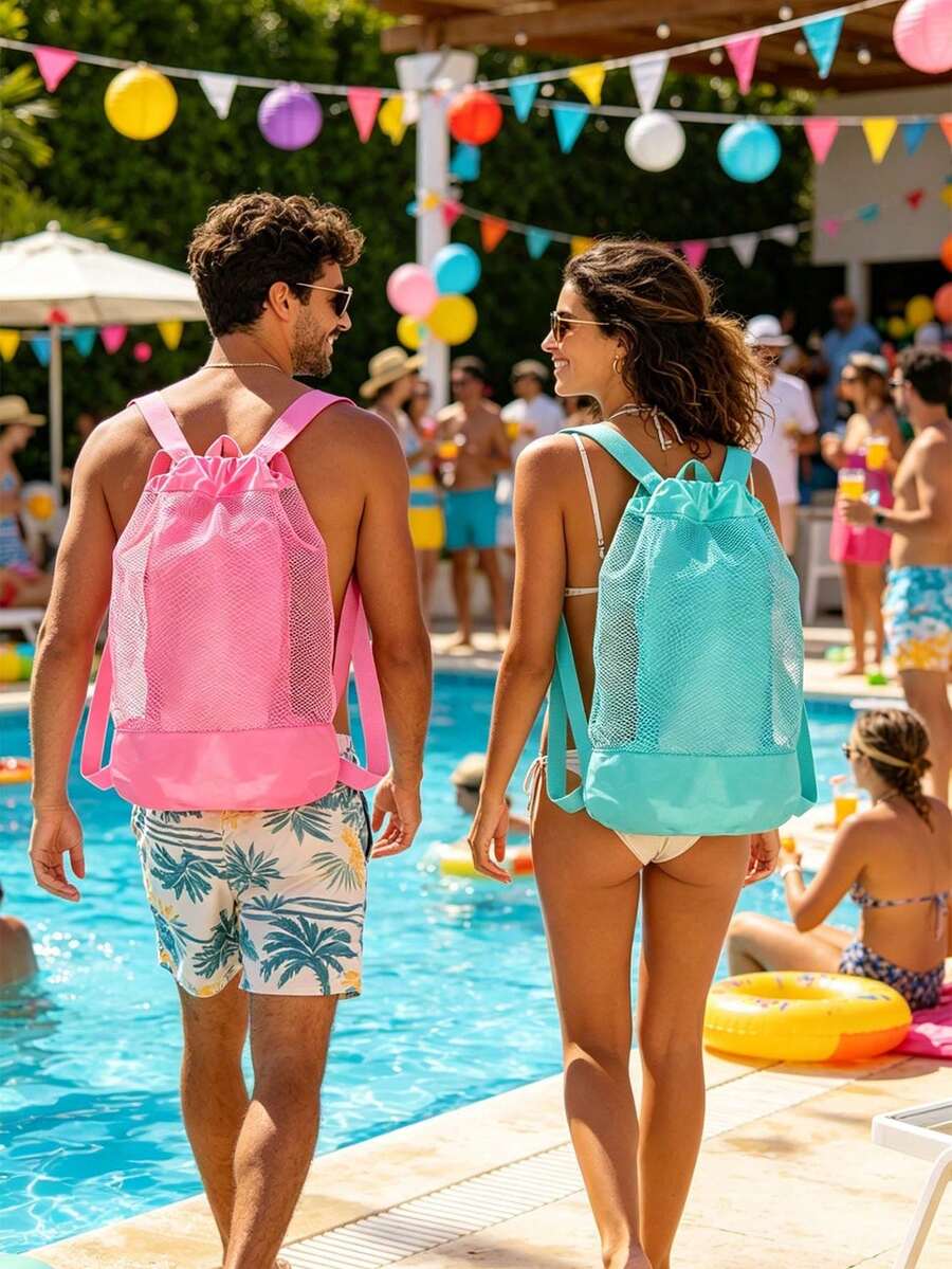 1pc Large Capacity Beach Bag, Mesh Beach Bag, Breathable Drawstring Mesh Bag, Beach Storage Bag, Shell Storage Bag, Suitable For Holiday Essentials, Travel Essentials, Swimming Pool Accessories, Outdoor Sports, Beach Essentials, Camping, Summer