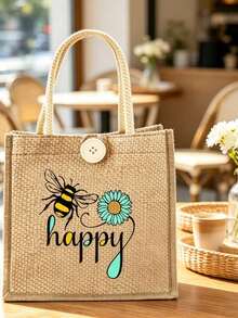 女款多功能托特包，印有 Bee Happy 圖案，度假風字母設計購物袋，適合婚禮、生日、海灘及各種節日場合，亞麻托特包，教師節禮物袋，便攜輕量可折疊收納袋，簡約百搭，護理師、醫生、教師感謝收納袋，母親節禮物，個人旅行化妝收納袋，購物袋，教師節最佳禮物選擇 - 彩色 - 查看 6