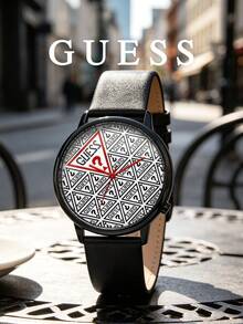 Guess Unisex Quartz Analog Wristwatch Black Leather Strap Geometric Monogram Pattern Dial Graphic Details For Business Casual And Sophisticated Daily Style - Black - View 1