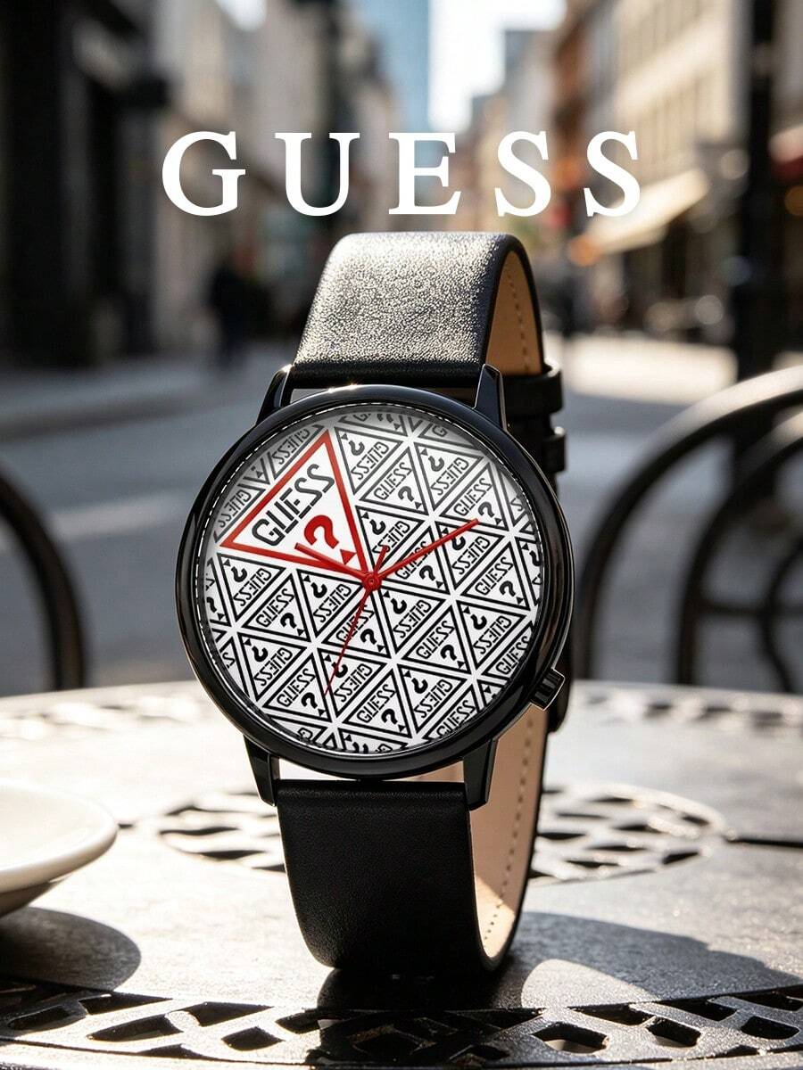 Guess Unisex Quartz Analog Wristwatch Black Leather Strap Geometric Monogram Pattern Dial Graphic Details For Business Casual And Sophisticated Daily Style - Black - View 1