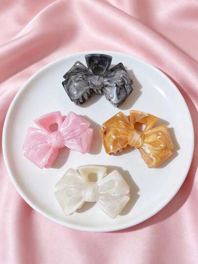 4pcs Women's Marble Pattern Bow Hair Claw, High Quality Sweet Fashion Back Head Hair Bun Hair Claw, Daily Shower Makeup Wear Hair Accessory, Can Be Used As Gift