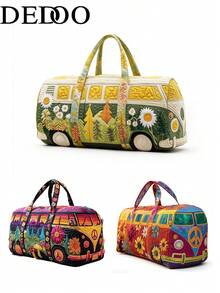 Dedoo Vintage Hippie Van Print Travel Luggage Bag, Peace Sign & Floral Weekend Tote, Women's Casual Bohemian Style Vacation Storage Bag - Multicolor - View 4