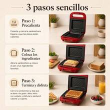 Grill de Contacto Compacto Rojo para 1-2 Sándwiches, Recubrimiento Antiadherente Antideslizante, Fácil Limpieza para Paninis Quesadillas - Rojo - Ver 9