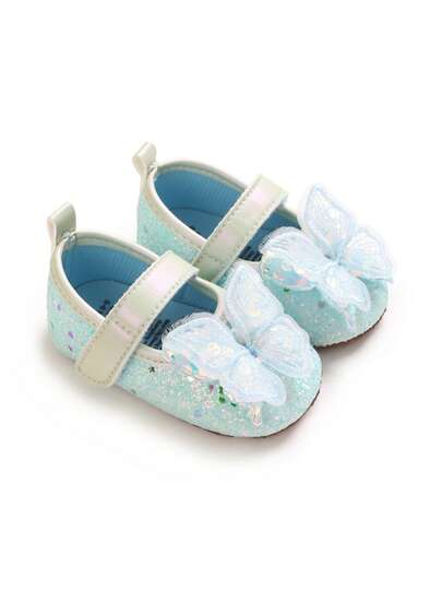 Fresh Ice Blue Glitter Eerste Loopschoenen voor Meisjes, Mesh Grote Strik Newborn Feest Foto Schoenen