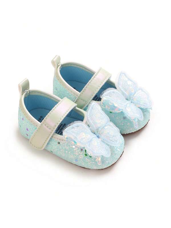 Fresh Ice Blue Glitter Girls' First Walker Shoes, Mesh Big Bow Newborn Party Photo Shoes