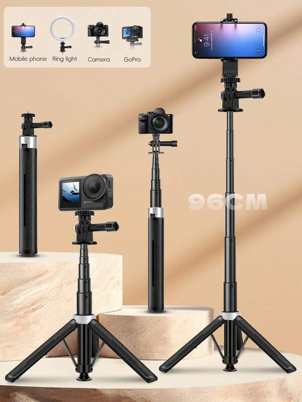 Trípode extensible portátil de 96cm para selfie, despliegue rápido con un clic, soporte de trípode estable, soporte de disparo multi-ángulo de 180° con interfaz de tornillo de 1/4", adecuado para viajes, camping, playa, vlog, transmisión en vivo de escritorio, equipo de fotografía de cámara y teléfono