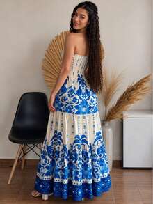 July Tropical Strapless Dress In Various Prints, 2025 Collection - Navy Blue - View 3