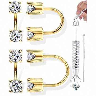 Pendientes de plata de ley S925 con poste doble medio abrazador para mujer, aros en forma de herradura U sin respaldo chapados en oro de 14K, pendientes de botón con bola de corazón y CZ con cierre de tornillo