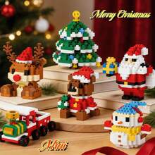 Micro-Particle Mini Christmas Theme Building Blocks Series, ABS Material, Includes: Santa Claus With Gift, Christmas Tree, Reindeer, Blue Hat Snowman, Wooden Bear, Small Train And Other Christmas Building Blocks Gift. Children's Stacking Blocks Toy Set, Soft Stress Relief Item, Creative DIY Educational 3D Handmade Assembly Toy. - Multicolor - View 8
