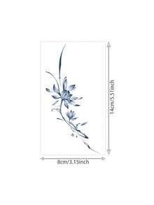 1pc Chinese Style Blue Ink Wash Double Lotus Slim Vertical Strip Temporary Tattoo Sticker, Realistic Fake Tattoo Design, Suitable For Daily Bachelorette Party Favors, Music Festivals, Gaming, Graduation Gifts, Lasts 3-5 Days - Blue - View 6