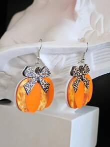 1 Pair Acrylic Flat Creative Pumpkin Fashion Leopard Print Bowknot Pumpkin Autumn Halloween Thanksgiving Holiday Earrings - Orange - View 2