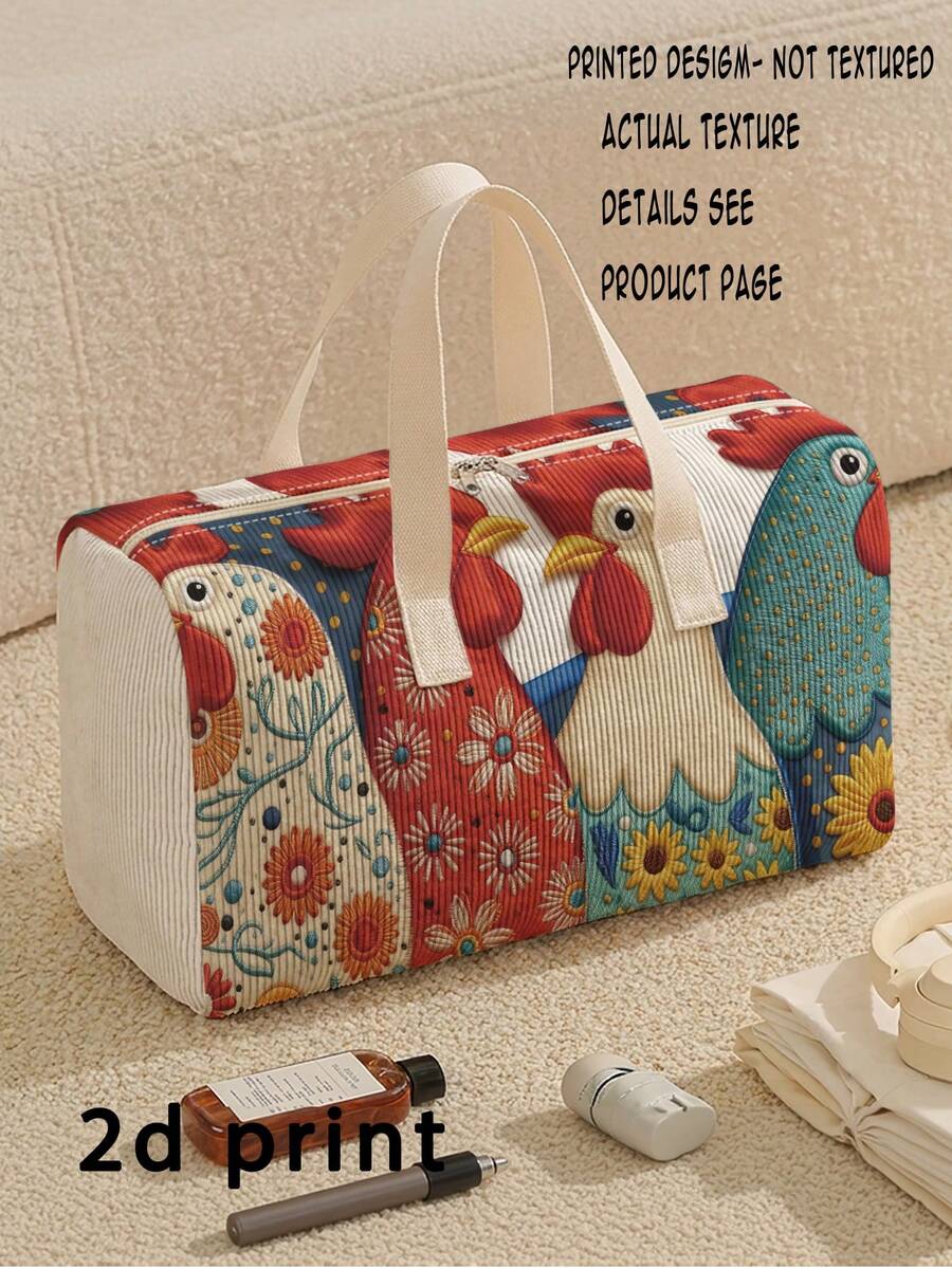 1pc Corduroy Luggage Bag, Chick Pattern Printed Large Capacity Beach Bag, Crossbody Bag, Handbag, Travel Bag, Gym Bag, Portable, Lightweight, Fashionable, Home Use, Lightweight Beige Large Capacity Tote Bag, Ideal Gift For Boys And Girls Teenagers - Multicolor - View 1