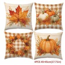 4pcs Minimalist Autumn Plaid Maple Leaf Pumpkin Berry Cushion Covers, Single-Sided Printed Peach Skin Velvet Polyester Material, 45*45/50*50CM Pillow Covers Suitable For Room Decor, Modern Minimalist Sofa Living Room Decoration, Gift Giving, Party Decoration - Multicolor - View 11