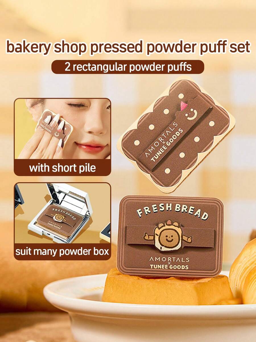 Amortals X TUNEE GOODS 2Pcs Bakery Rectangular Flocked Powder Puffs – Dense Soft Short Velvet, Skin-Friendly Even Powder Application, Replacement Sponge For Rectangular Pressed Powder Case, Cute Cartoon Design For Daily Makeup, Viral Trending Cosmetic Accesso