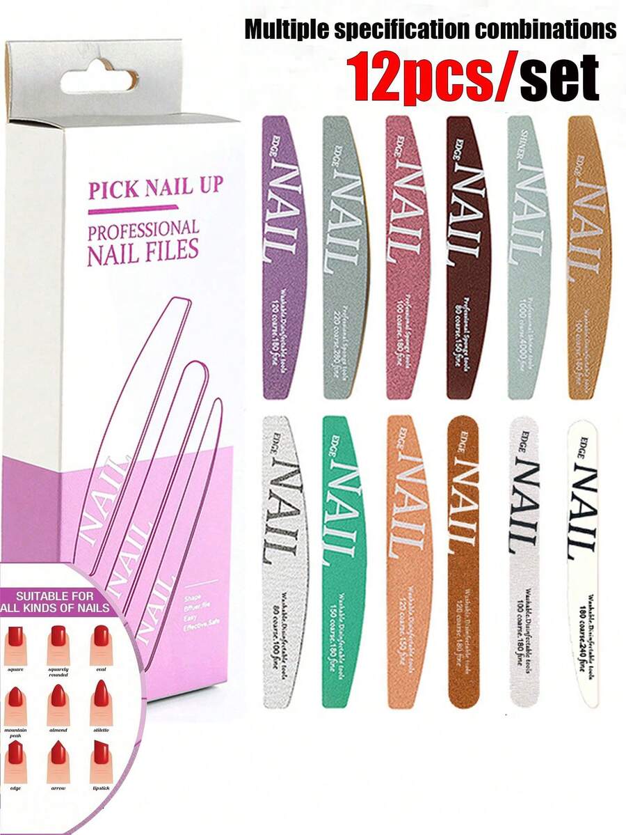 12pcs/Set Professional Nail File Set For Nail Technicians, Sponge Buffer, Double-Sided Polishing Nail File, Reusable And Washable - Multicolor - View 1