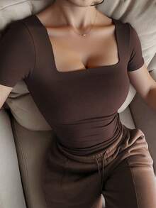 Blusa de manga corta y cuello redondo casual y elegante, adecuada para uso diario, ir al trabajo, salir, primavera/verano - Café integral - Ver 5