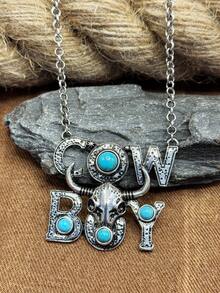 Vintage Western Cowboy Bull Head Turquoise Letter Long Necklace COWBOY Heavy-Duty Distressed Silver Pendant, Multiple Colors Available, American Country Music Festival Hot Girl Outfit Accessory, Outdoor Camping Road Trip Holiday Gift Jewelry - Western Cowboy - View 6