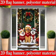 2D Plane 1 Piece Of Christmas-Themed Banner Background, Three Dogs Wearing Christmas Hats And Red Christmas Knitted Clothes, Accompanied By Christmas Garlands, Decorative Balls, And Gift Boxes. No Power Supply Required. - View 2