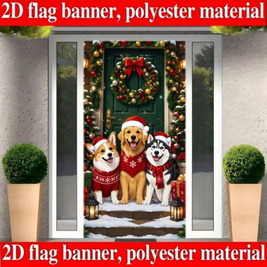 2D Plane 1 Piece Of Christmas-Themed Banner Background, Three Dogs Wearing Christmas Hats And Red Christmas Knitted Clothes, Accompanied By Christmas Garlands, Decorative Balls, And Gift Boxes. No Power Supply Required.