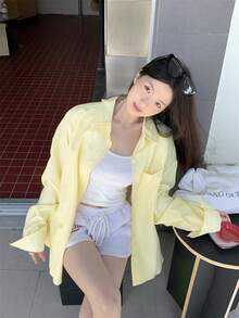 Korean Style Lazy Striped Shirt Women Summer Sun Protection Blouse Jacket Yellow Casual Loose Long Sleeve Top - Yellow - View 3