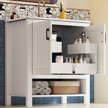 76.5 X 47 X 83, Freestanding Vanity, Fully Painted, Double-Door Cabinet, Multi-Size Storage, Integrated Ceramic Sink, Open Shelving, White. - 1 - View 1